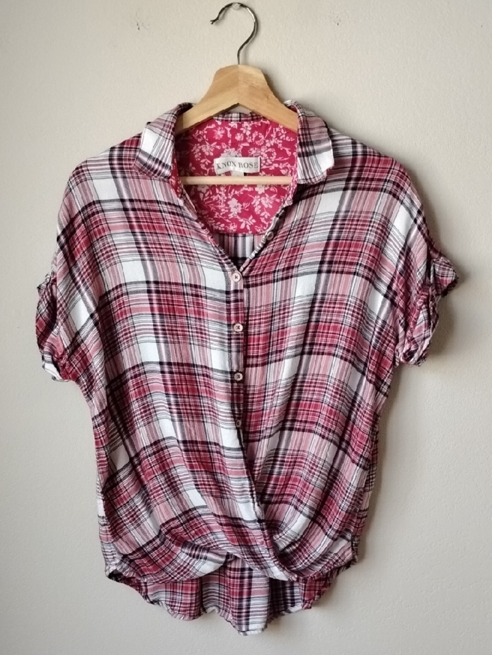 Knox Rose Pink Plaid Short Sleeve Button-Front Top